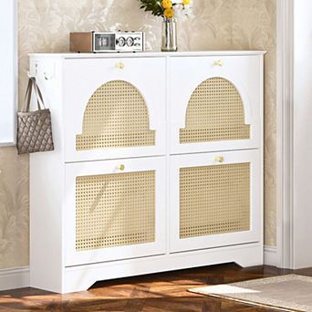 4-Drawer Rattan Shoe Cabinet with Hooks, Mid-Century Shoe Rack for Entryway Hallway