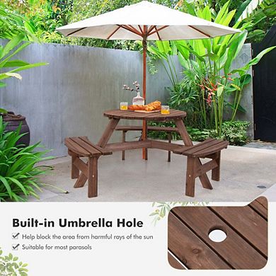 6 Person Wooden Picnic Table Set with Bench and Umbrella Hold