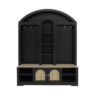 KWPZQEB Curved DesignHall Tree with Shoe Racks & 2 Barn Doors for Entrance