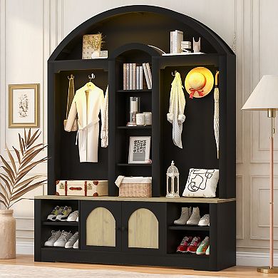 KWPZQEB Curved DesignHall Tree with Shoe Racks & 2 Barn Doors for Entrance