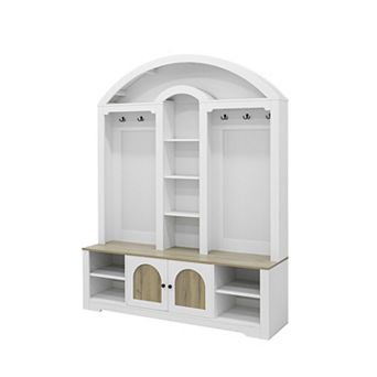 KWPZQEB Curved DesignHall Tree with Shoe Racks & 2 Barn Doors for Entrance