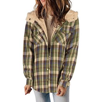 Zeagoo Women's Plaid Sherpa Shacket Jacket Fleece Hooded Coats Trendy Oversized Outerwear