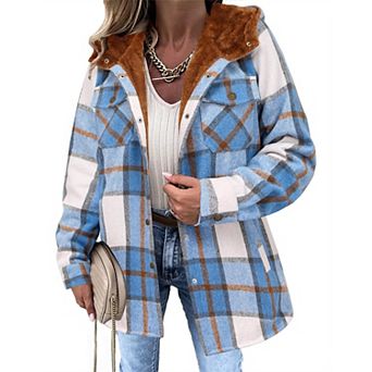Zeagoo Women's Plaid Sherpa Shacket Jacket Fleece Hooded Coats Trendy Oversized Outerwear