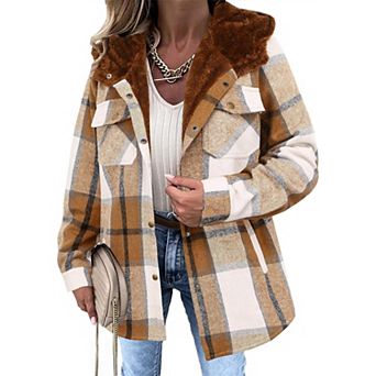 Zeagoo Women's Plaid Sherpa Shacket Jacket Fleece Hooded Coats Trendy Oversized Outerwear