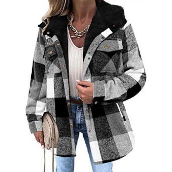 Zeagoo Women's Plaid Sherpa Shacket Jacket Fleece Hooded Coats Trendy Oversized Outerwear