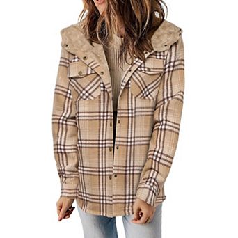 Zeagoo Women's Plaid Sherpa Shacket Jacket Fleece Hooded Coats Trendy Oversized Outerwear