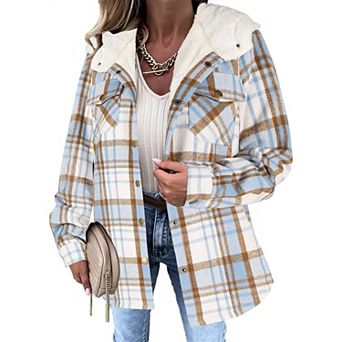 Zeagoo Women's Plaid Sherpa Shacket Jacket Fleece Hooded Coats Trendy Oversized Outerwear