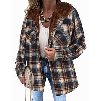 Zeagoo Women's Plaid Sherpa Shacket Jacket Fleece Hooded Coats Trendy Oversized Outerwear
