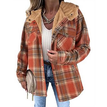 Zeagoo Women's Plaid Sherpa Shacket Jacket Fleece Hooded Coats Trendy Oversized Outerwear