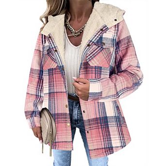 Zeagoo Women's Plaid Sherpa Shacket Jacket Fleece Hooded Coats Trendy Oversized Outerwear