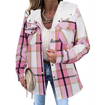 Zeagoo Women's Plaid Sherpa Shacket Jacket Fleece Hooded Coats Trendy Oversized Outerwear