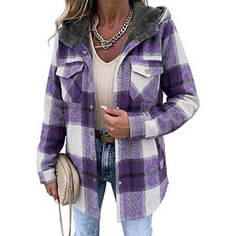 Zeagoo Women's Plaid Sherpa Shacket Jacket Fleece Hooded Coats Trendy Oversized Outerwear