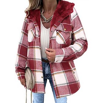 Zeagoo Women's Plaid Sherpa Shacket Jacket Fleece Hooded Coats Trendy Oversized Outerwear