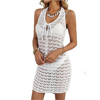 Womens Crochet Dress Floral Knit Loose Fit Beach Mini Dress Summer Backless V Neck Suit Cover Up