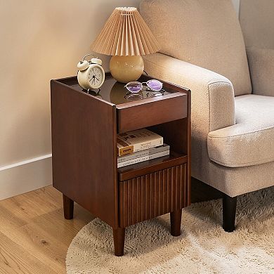 Heybly Solid Wood Nightstand with Drawer and Open Shelf Bedside Table Small Storage End Table