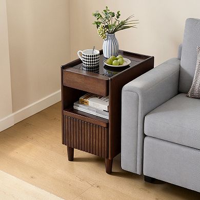 Heybly Solid Wood Nightstand with Drawer and Open Shelf Bedside Table Small Storage End Table