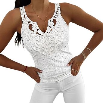 Women's Summer Sleeveless Tank Tops V Neck Lace Patch Solid Color Boho Vacation Blouse