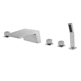 3 Handles Tub Deck Mount Roman Tub Faucet with Hand Shower, Stainless Steel High Arc Tub Facuet