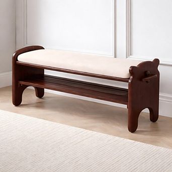 Heybly Solid Wood Shoe Bench with Cushion, 2 tier Entryway Shoe Rack with Faux Leather Seat
