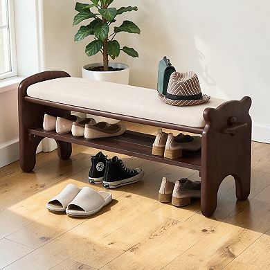 Heybly Solid Wood Shoe Bench with Cushion, 2 Tier Entryway Shoe Rack with Faux Leather Seat