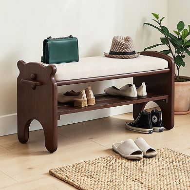Heybly Solid Wood Shoe Bench with Cushion, 2 Tier Entryway Shoe Rack with Faux Leather Seat