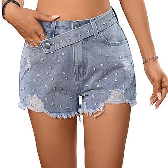 Women's High Waisted Rhinestone Fringe Distressed Raw Hem Stretch Jean Shorts