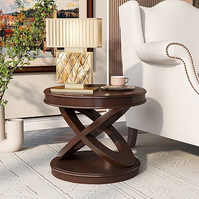 KWPZQEB Retro Round End Table with X-shape Base, Sofa Side Table