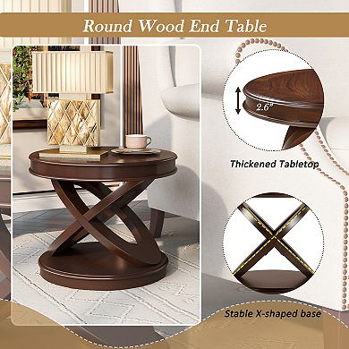 KWPZQEB Retro Round End Table with X-shape Base, Sofa Side Table