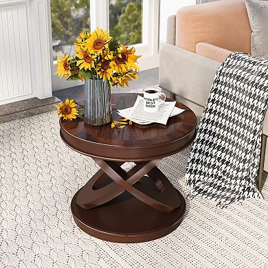 KWPZQEB Retro Round End Table with X-shape Base, Sofa Side Table