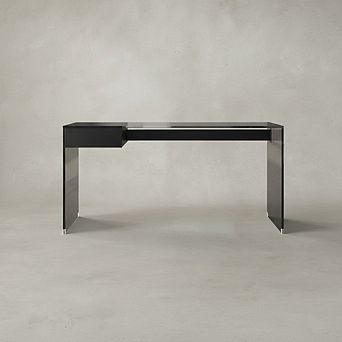 Black Tempered Glass Writing Desk With Flip-Top & Sliding Storage Drawers