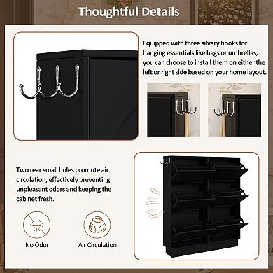 6-Drawer Narrow Shoe Cabinet with Adjustable Shelves & Hooks,for Entryway Hallway