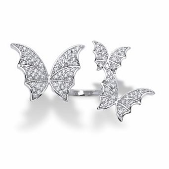 Round Crystal Silvertone Adjustable Butterfly Ring