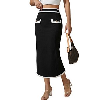 Women's Summer Midi Skirts High Waisted Color Block Trendy Dressy Casual Business Work Skirt