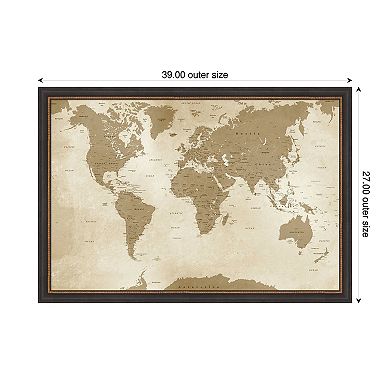 Amanti Art Framed Fabric Pinboard, Antique Style World Map Printed Bulletin Board