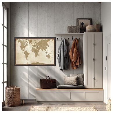 Amanti Art Framed Fabric Pinboard, Antique Style World Map Printed Bulletin Board