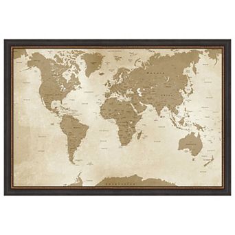 Amanti Art Framed Fabric Pinboard, Antique Style World Map Printed Bulletin Board