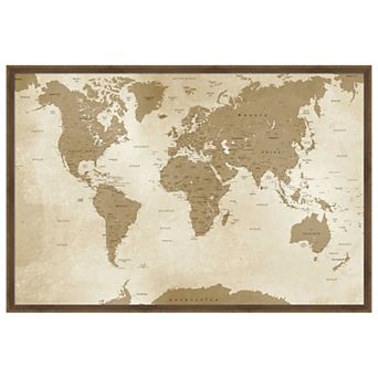 Amanti Art Framed Fabric Pinboard, Antique Style World Map Printed Bulletin Board