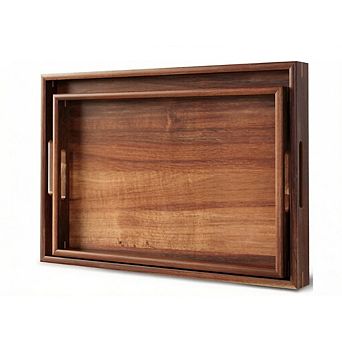 Zoulao Set of 2 Acacia Wood Serving Trays with Handles, Decorative Breakfast Trays, Brown.