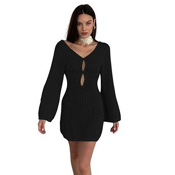 Women's Open-Knit Long Bell Sleeve Mini Dress, Keyhole Neck Crochet Knit Dress