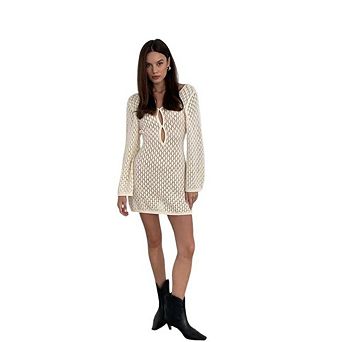 Women's Open-Knit Long Bell Sleeve Mini Dress, Keyhole Neck Crochet Knit Dress