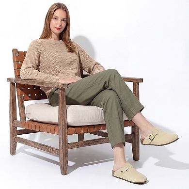 Women's Suede Clogs Cork Platform Mules with Buckle Slip on Slippers