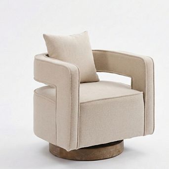 GOMYHOME 29" Swivel Accent Chair, Linen Blend Upholstered Lounge Chair with Wood Base, Beige
