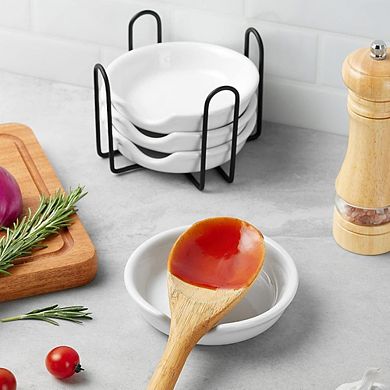 Zoulao 4-Pack Ceramic Spoon Rest Set with Metal Holder, 4.8 Inch, Kitchen Stovetop Organizer.