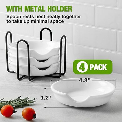 Zoulao 4-Pack Ceramic Spoon Rest Set with Metal Holder, 4.8 Inch, Kitchen Stovetop Organizer.