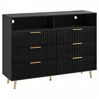 6 Drawers Dresser for Bedroom, Dressers with LED Lights and Charging Station, Curved Profile Design