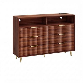 6 Drawers Dresser for Bedroom, Dressers with LED Lights and Charging Station, Curved Profile Design