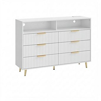 6 Drawers Dresser for Bedroom, Dressers with LED Lights and Charging Station, Curved Profile Design