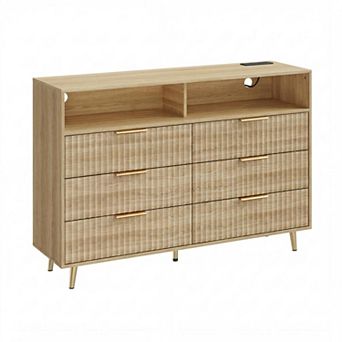 6 Drawers Dresser for Bedroom, Dressers with LED Lights and Charging Station, Curved Profile Design