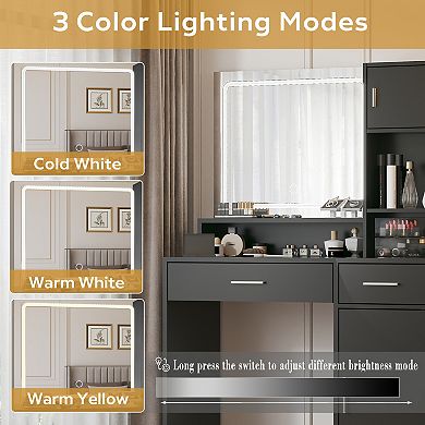 Heybly Vanity Desk with Lighted Mirror, LED Strip, Large Drawer and 3-Level Storage