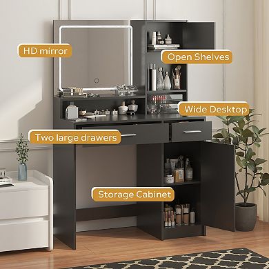 Heybly Vanity Desk with Lighted Mirror, LED Strip, Large Drawer and 3-Level Storage
